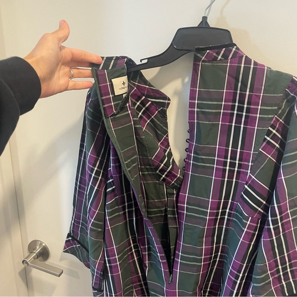 Tuckernuck Aubergine Tartan Indre Dress Womens Purple Tunic Velvet Trim Sz XS - Picture 9 of 13